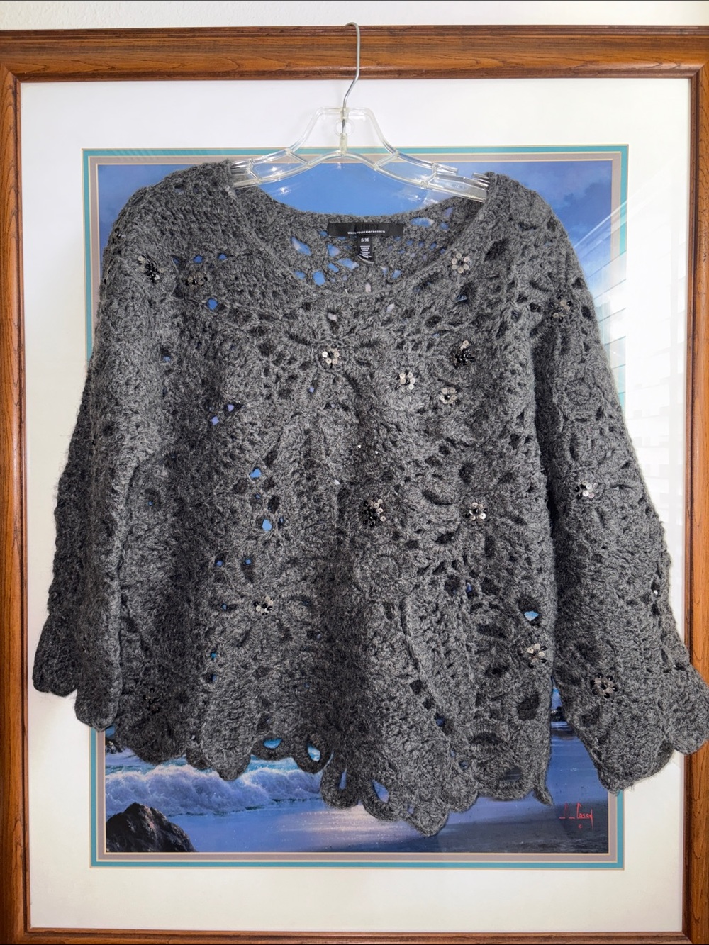 White House Black Market Dark Gray Crochet Floral Knit Sweater